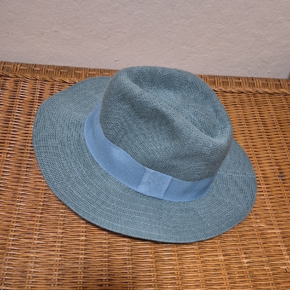 Anthropologie Blue Trimmed Woven Cotton Blend Fedora Hat Very Pliable For Travel